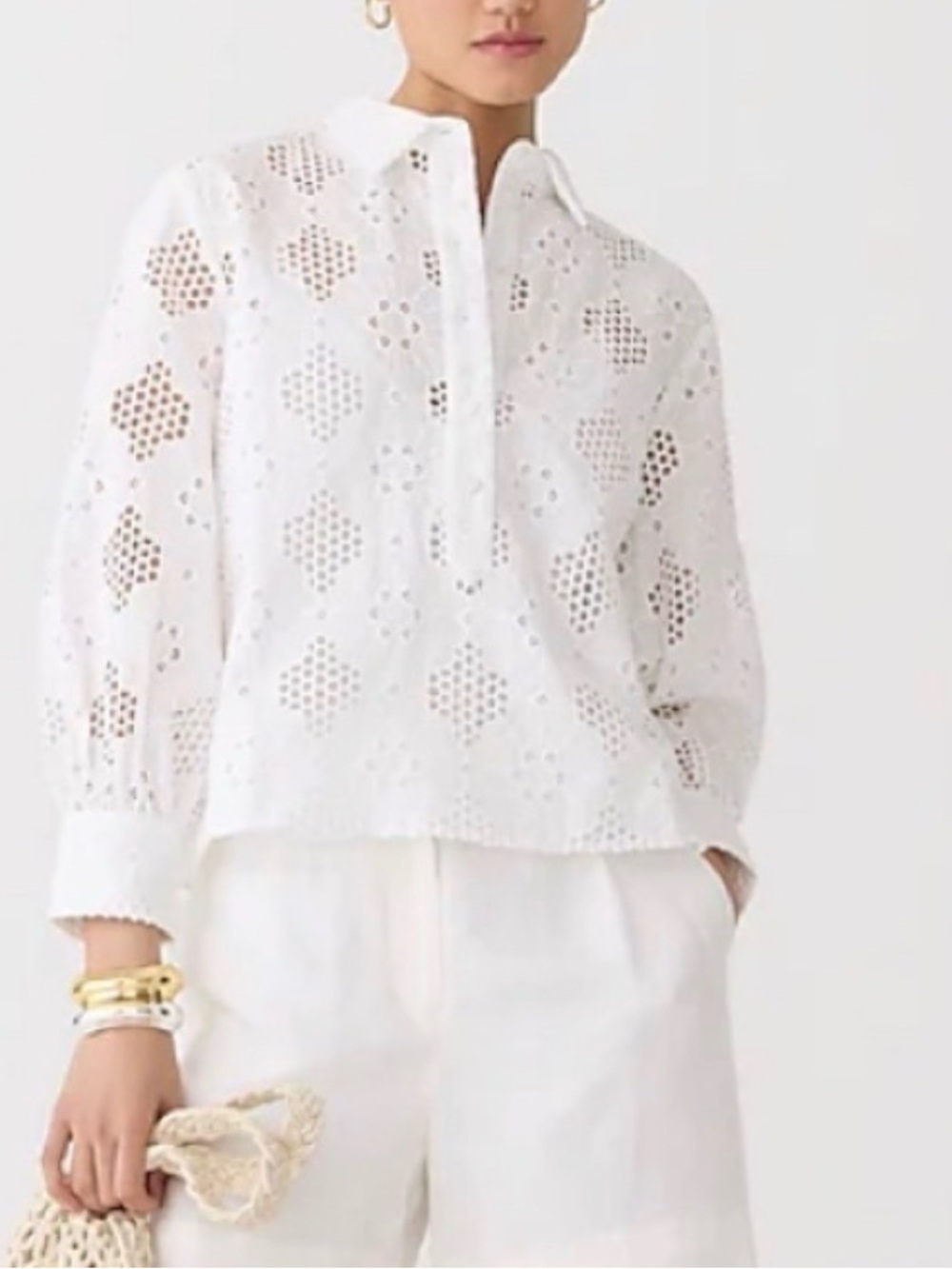 J. Crew White Floral Eyelet Button Front Popover Top Size Large